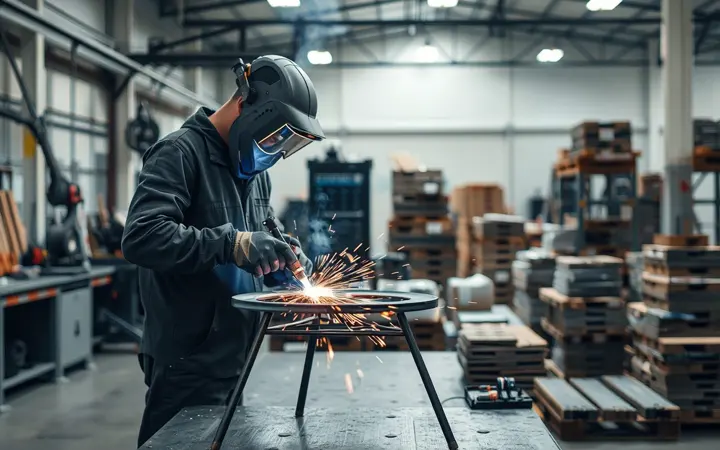 华茂金属家具加工车间内，工人正在进行焊接作业