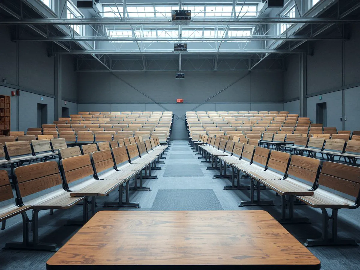 中学礼堂内整齐排列的铁艺排椅,结构稳固,环境明亮