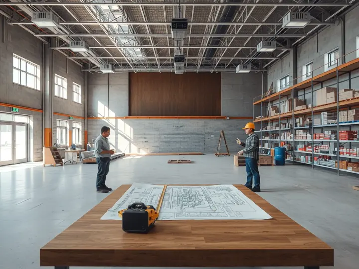 学校礼堂建设现场,工作人员在测量和讨论排椅布局