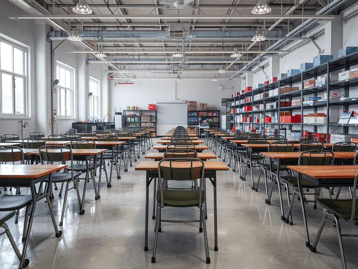 学校教室中整齐排列的铁艺课桌椅