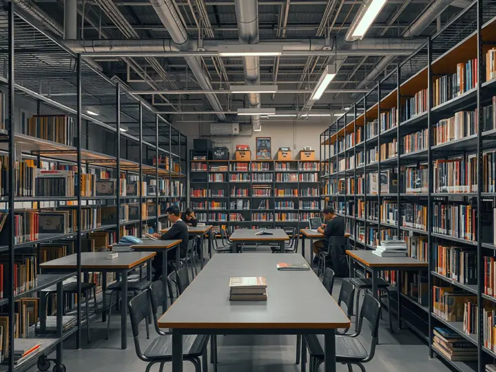 学校图书馆中铁艺书架和阅览桌